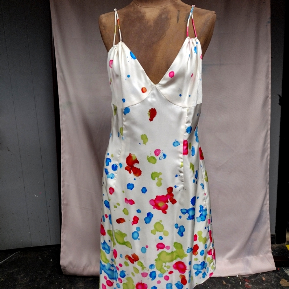 Spaghetti Strap Silk slightly above the knee Splatter paint cocktail dress